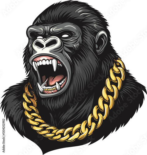 Powerful gorilla wearing a gold chain cartoon isolated on transparent background. Vector illustration.