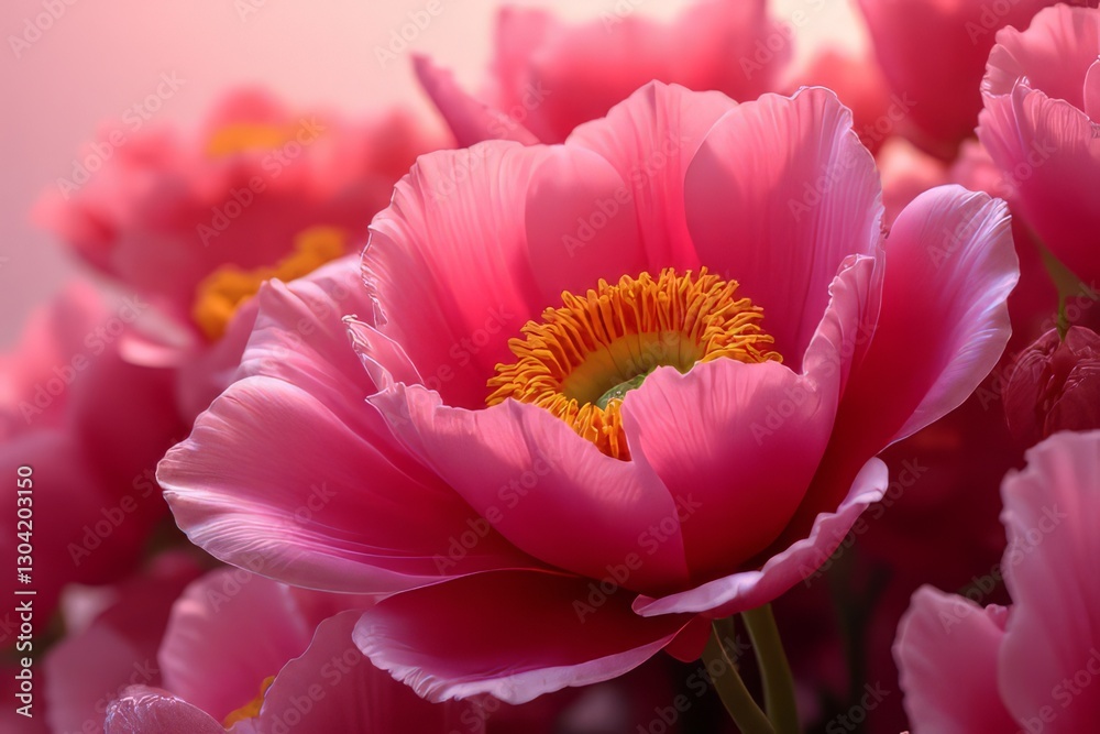 Close-up of Beautiful Pink Peony Flowers with Detailed Petals and Stamens Close-up of Beautiful Pink Peony Flowers with Detailed Petals and Stamens
