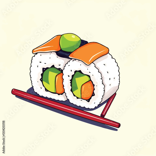A sushi roll with fresh sashimi and spicy sauce flat vector illustration