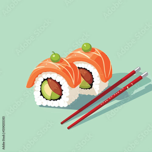A sushi roll with fresh sashimi and spicy sauce flat vector illustration