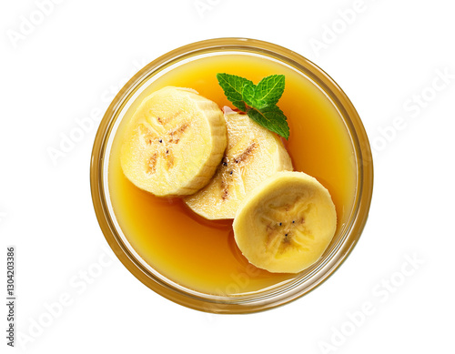 Banana compote isolated on transparent background, top view with free place for inscription