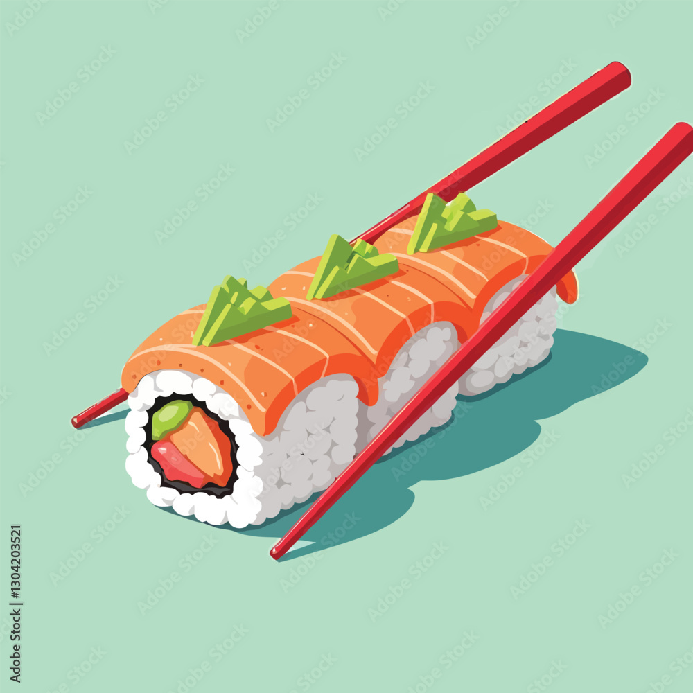 A sushi roll with fresh sashimi and spicy sauce flat vector illustration