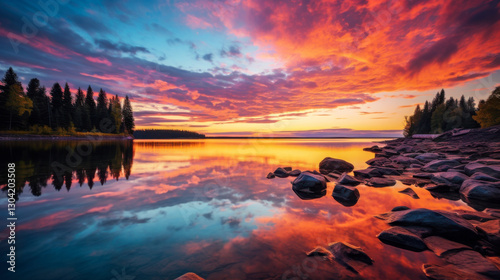 Breathtaking sunset paints the sky and reflects on tranquil waters near a serene lakeside