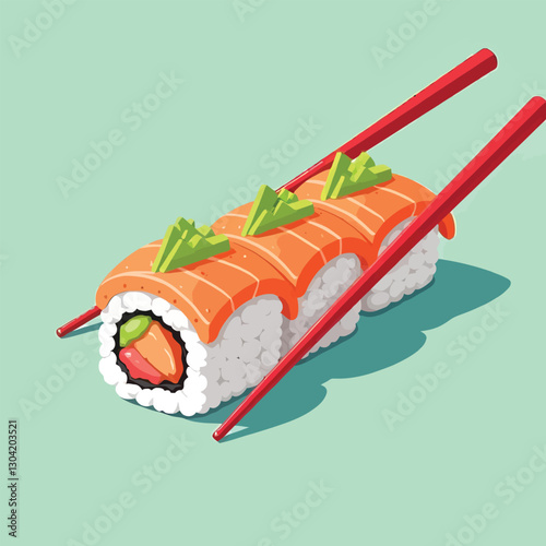 A sushi roll with fresh sashimi and spicy sauce flat vector illustration