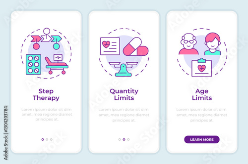 Components of UM onboarding mobile app screen. Medicine. Walkthrough 3 steps editable graphic instructions with linear concepts. UI, UX, GUI template. Montserrat SemiBold, Regular fonts used