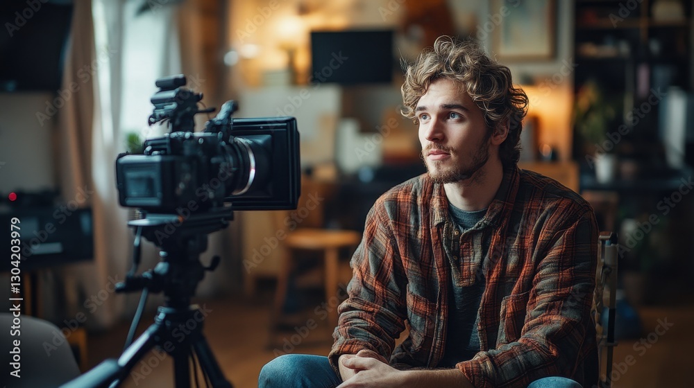 A Thoughtful Creator Filming Behind the Scenes in a Cozy Studio A Thoughtful Creator Filming Behind the Scenes in a Cozy Studio