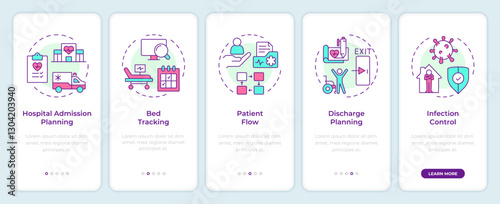 Hospital bed management onboarding mobile app screen. Walkthrough 5 steps editable graphic instructions with linear concepts. UI, UX, GUI template. Montserrat SemiBold, Regular fonts used