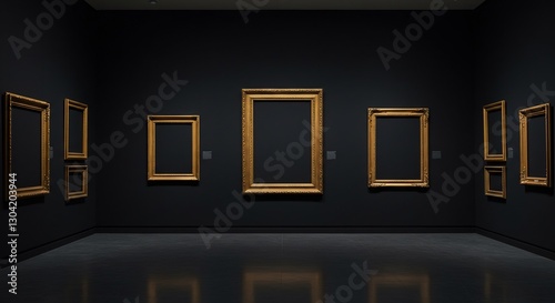 Empty Gold Frames Dark Gallery Wall. AI Generated