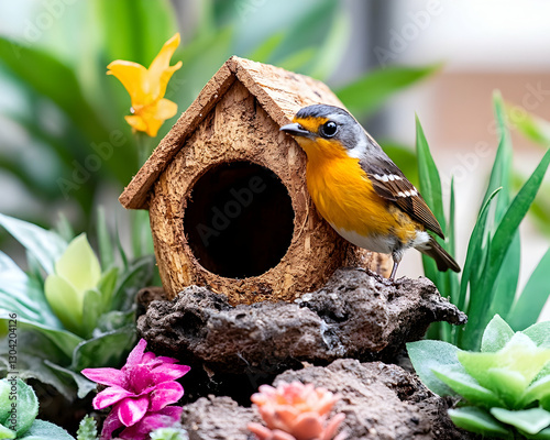 Bird near decorative birdhouse in garden photo