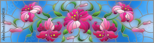llustration in stained glass style with flowers, leaves and buds of pink lilies on a blue background