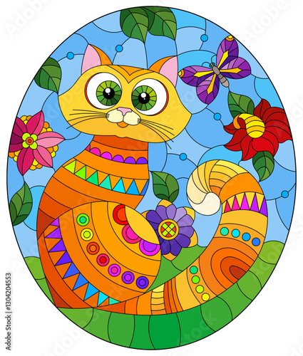 Illustration in stained glass style with a red cute cat on a background of meadows, bright flowers and sky