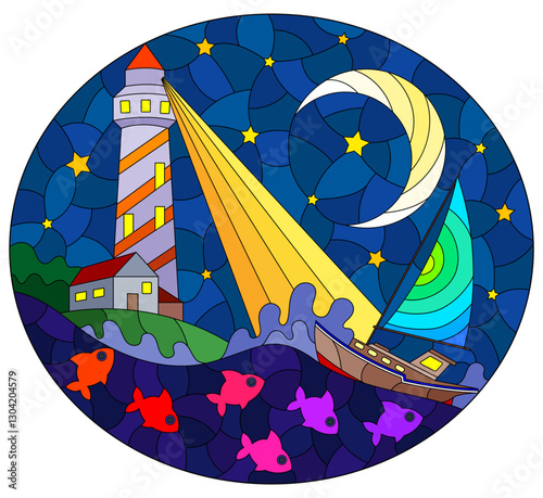 Stained glass window illustration with seascape, sailboat and lighthouse on the background of the night sky