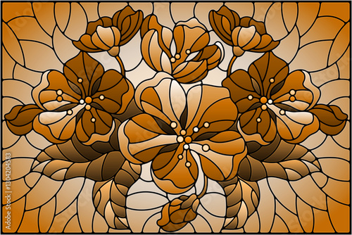 Illustration in stained glass style with a branch of cherry blossoms, flowers, buds and leaves on a sky background, tone brown