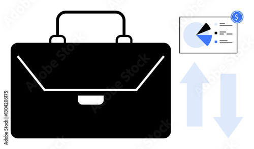 Black briefcase next to a business chart showing pie analysis and arrows representing progress and decline. Ideal for finance, analytics, growth, corporate goals, strategy, business trends