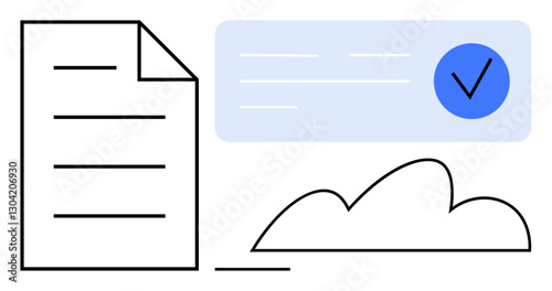 Document next to cloud with checkmark symbolizing approval, safe storage, compliance. Ideal for data security, authorization, digital management, cloud storage, organization, technology flat simple