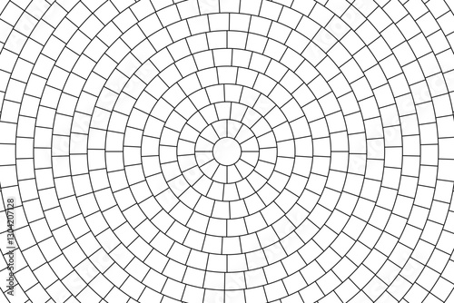 Paved circle pattern tile background. Circular brick mosaic. Round radial stone pavement. Paving tile simple floor texture. Black line. Vector illustration isolated on white background.
