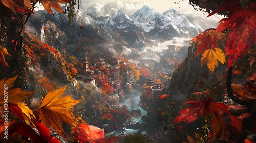 Autumnal Mountain Village Landscape with Red and Orange Leaves