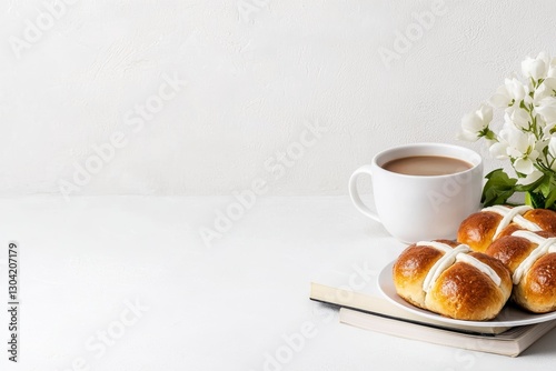 Sweet Hot Cross Buns with Coffee and White Flowers on White Background
