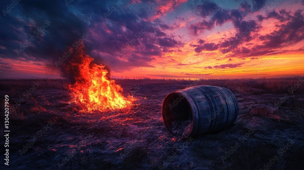 A barrel burns with fierce flames in a desolate wasteland, illuminated by the dramatic hues of a brilliantly colored sky, embodying a stark contrast of destruction and vibrancy. A barrel burns with fierce flames in a desolate wasteland, illuminated by the dramatic hues of a brilliantly colored sky, embodying a stark contrast of destruction and vibrancy.