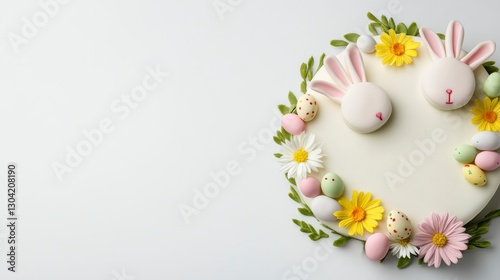 White Easter Cake Decorated with Pastel Fondant Bunnies and Flowers