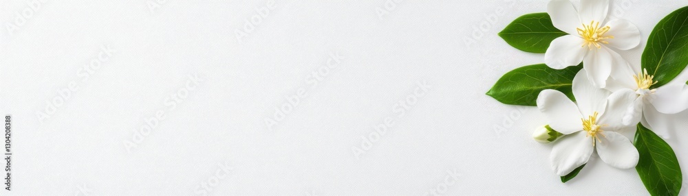 Obraz premium White Flowers and Green Leaves on Textured White Background