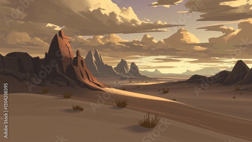 Serene Sunset over Desert Landscape with Rugged Mountains