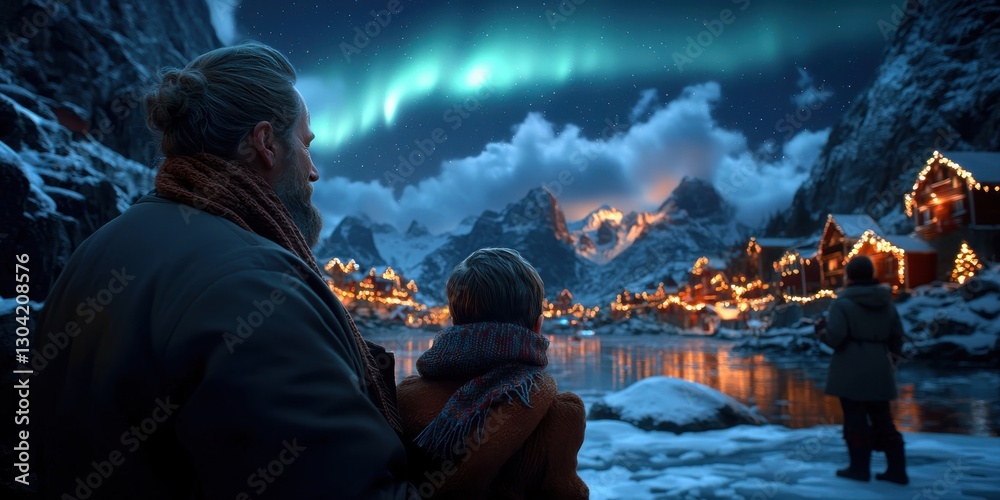 Obraz premium Winter Holiday Concept, A serene winter scene featuring a family admiring the Northern Lights over a snowy landscape.