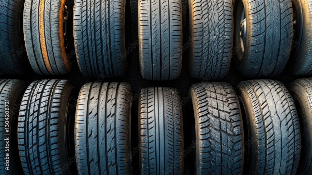 A bird's eye view of a variety of car and truck tires arranged neatly on the ground, highlighting different tire designs and textures A bird's eye view of a variety of car and truck tires arranged neatly on the ground, highlighting different tire designs and textures