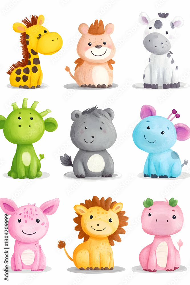 custom made wallpaper toronto digitalCartoon animals sit happily on white background, including giraffe, lion, hippo