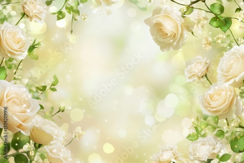 Delicate white roses frame a dreamy backdrop filled with soft bokeh and gentle green hues in a tranquil garden setting. Generative AI