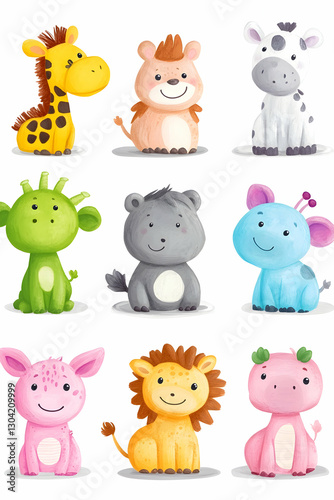 Wallpaper Mural Cartoon animals sit happily on white background, including giraffe, lion, hippo Torontodigital.ca