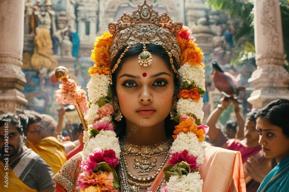 Festive celebration of a goddess in vibrant attire amidst a bustling temple gathering. Generative AI Festive celebration of a goddess in vibrant attire amidst a bustling temple gathering. Generative AI