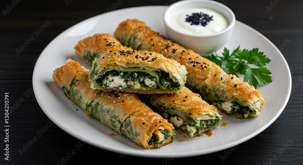 Turkish Ispanakli Borek - Spinach and Cheese Börek -Crispy, golden layers of phyllo dough filled with spinach, feta, and herbs, cut into pieces and served with a bowl of yogurt on a dark background Turkish Ispanakli Borek - Spinach and Cheese Börek -Crispy, golden layers of phyllo dough filled with spinach, feta, and herbs, cut into pieces and served with a bowl of yogurt on a dark background