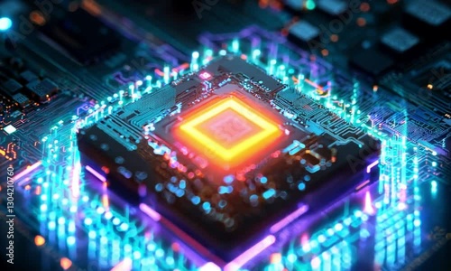 A futuristic microchip with neon lighting representing AI, semiconductors, and high-tech computing.