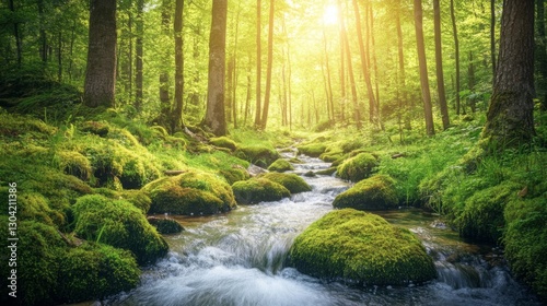 A serene forest scene with sunlight filtering through the trees. A gentle stream flows through lush greenery, creating a peaceful atmosphere. Generative AI