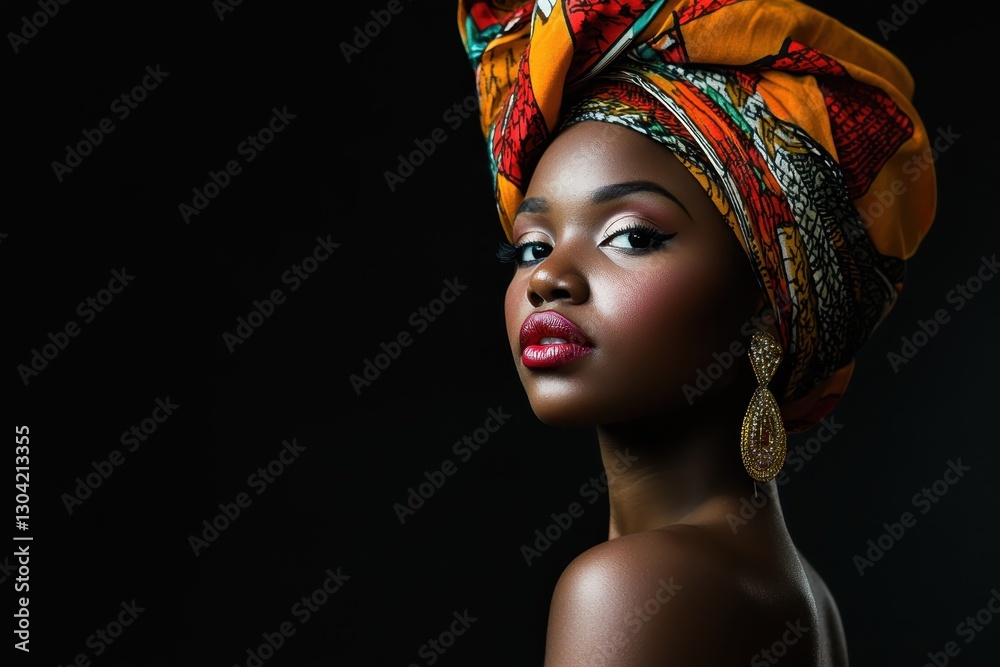 Elegance and strength shine through in a portrait of a woman adorned in vibrant headwrap and striking accessories. Generative AI Elegance and strength shine through in a portrait of a woman adorned in vibrant headwrap and striking accessories. Generative AI