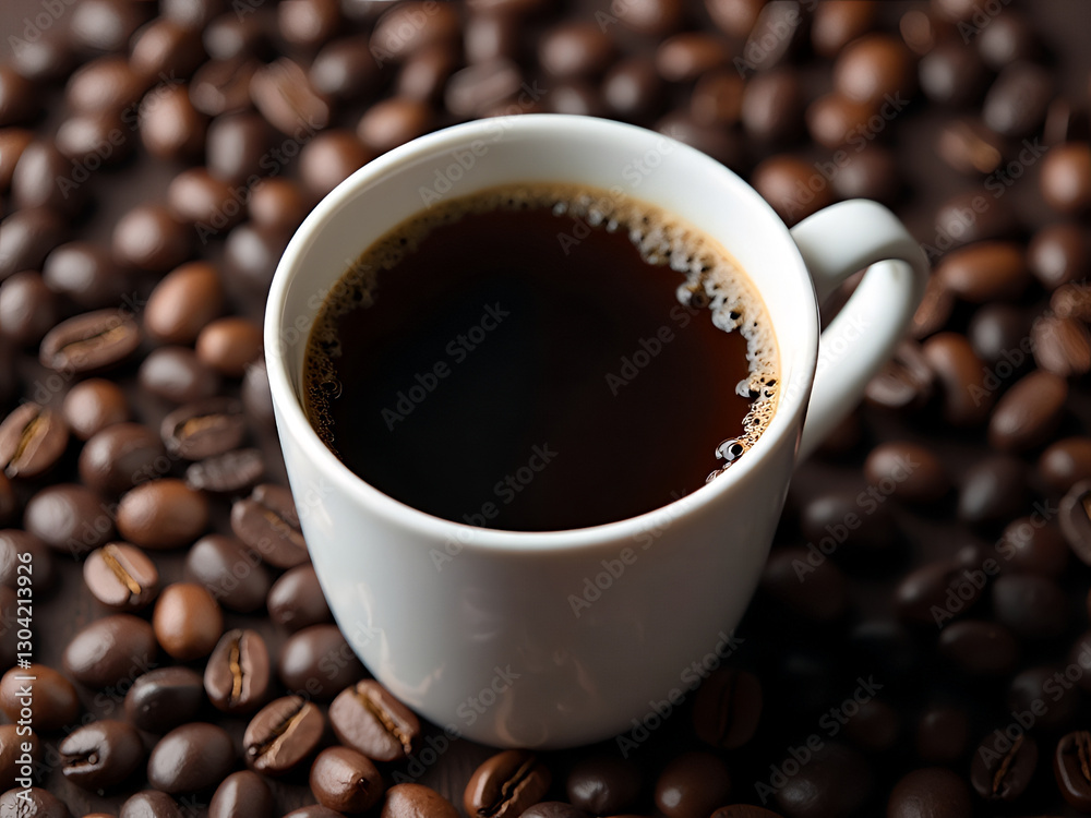 Fototapeta premium A Cozy Cup of Coffee Surrounded by Rich Coffee Beans