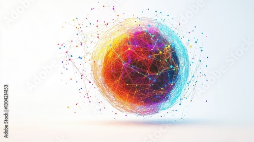 A colorful abstract sphere, connected by vibrant lines and nodes, evoking the concept of a digital or neural network on a white background