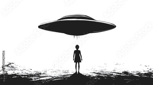 The image is a monochrome illustration depicting the silhouette of a young girl standing on a small hill, facing upwards towards a large, classic saucer-shaped UFO hovering above her. The