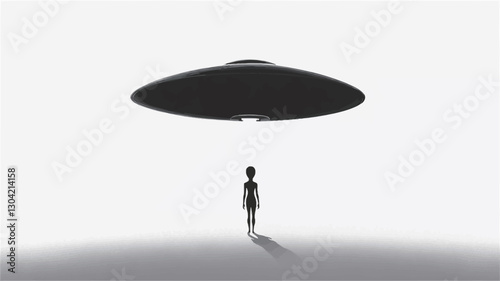 The image is a minimalist monochrome composition showing the silhouette of a small human-like figure standing beneath a large, dark, saucer-shaped UFO against a bright white background.