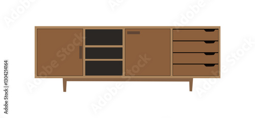 Wooden chest of drawers for living room or bedroom. Cozy room interior design element in Mid Century modern vintage style. Flat vector illustration isolated 