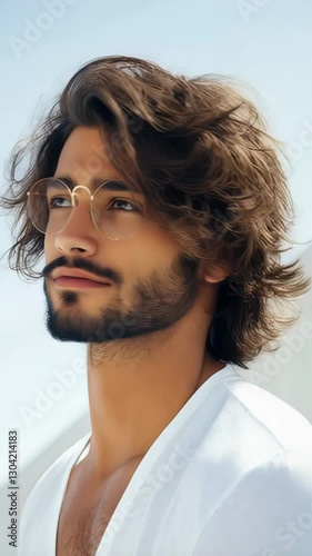 Man showcases rugged charm with tousled hair, sun-kissed skin, and thoughtful gaze. Man intense expression, soft waves, and windswept look create charismatic, free-spirited aura.