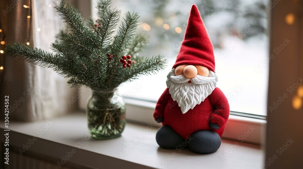 Fototapeta premium Christmas Gnome Decorated on Windowsill