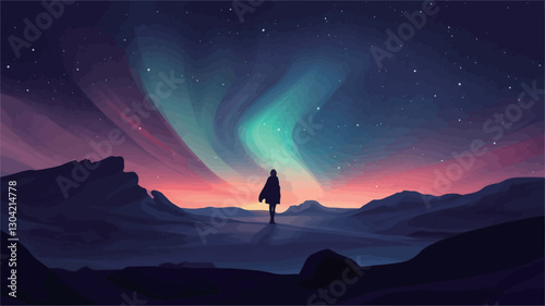 Digital illustration depicting a stylized silhouette of a lone female figure standing in a snowy landscape at night.  The background features a vibrant display of the aurora borealis, with