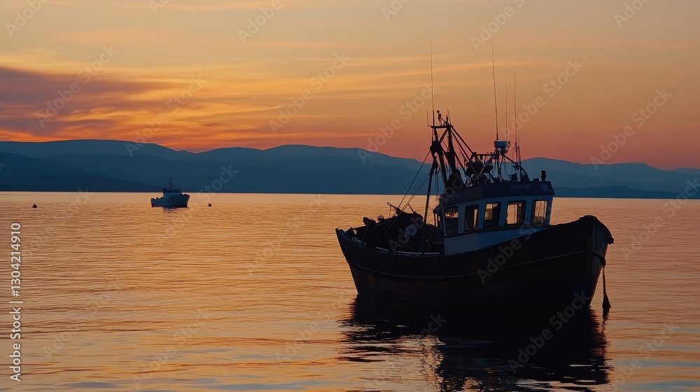 Serene Sunset Over Calm Waters with Fishing Boat Silhouetted Serene Sunset Over Calm Waters with Fishing Boat Silhouetted