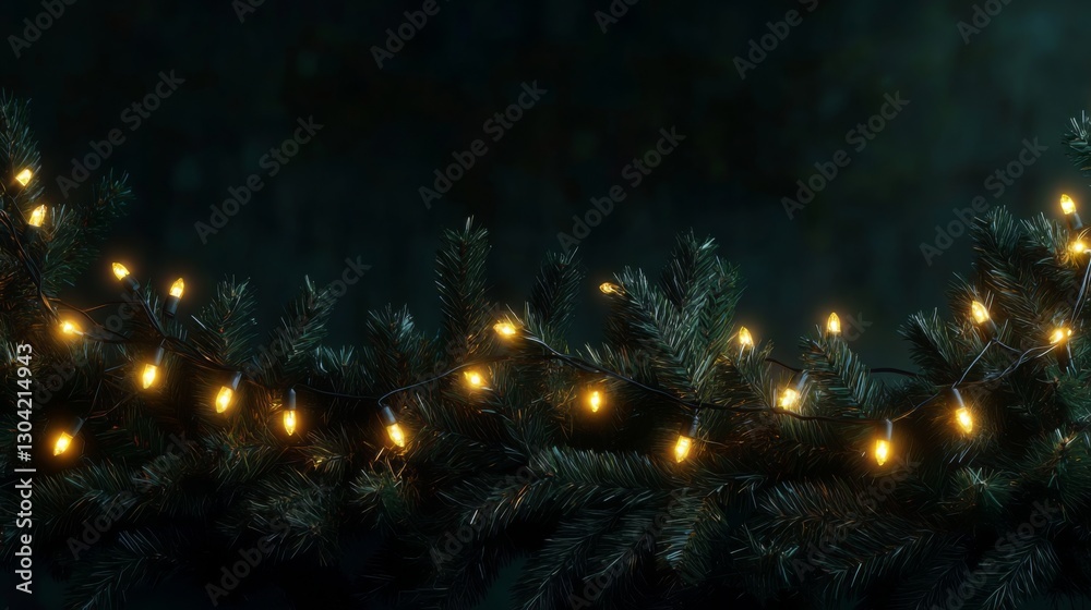 Fototapeta premium Festive christmas lights on pine branches with dark background