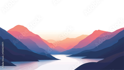 A digital illustration depicting a minimalist landscape. The image features a valley surrounded by mountains, with a calm body of water (lake or river) flowing through the center.  The