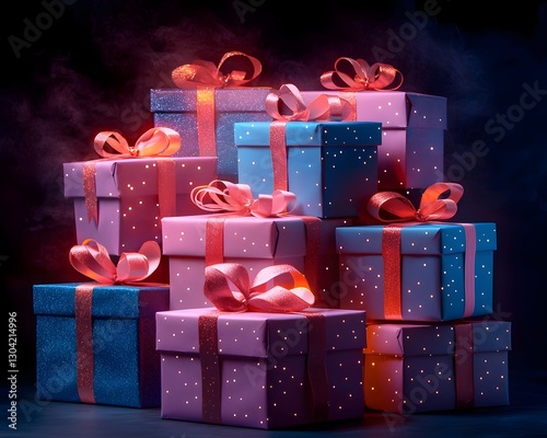 Glowing Stack of Vibrant Metallic Gift Boxes with Festive Ribbons and Sparkling Accents for Holiday or Concept
