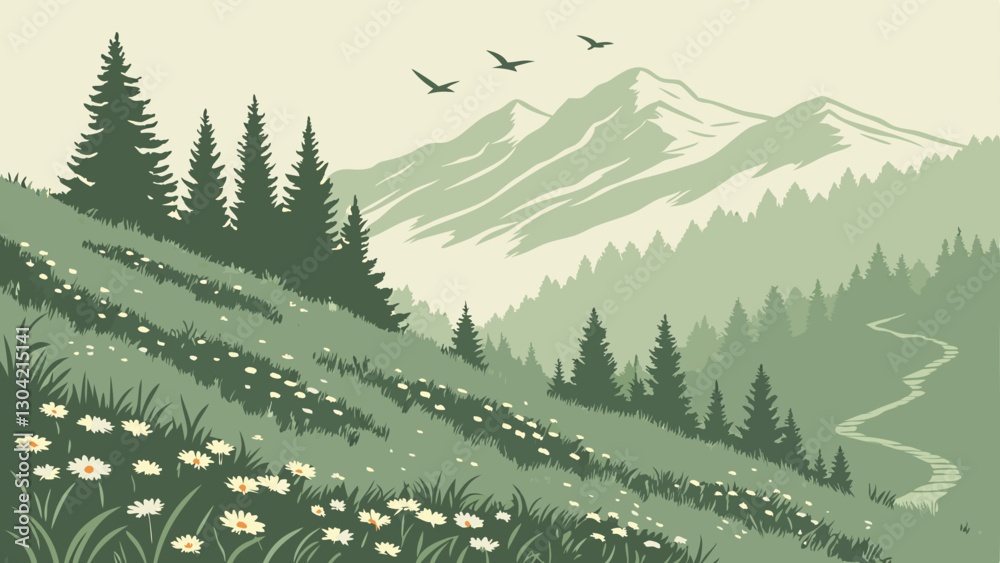 Fototapeta premium A peaceful hillside covered in a carpet of fresh wildflowers, with mist gently rising in the early morning. Snowy peaks loom in the distance