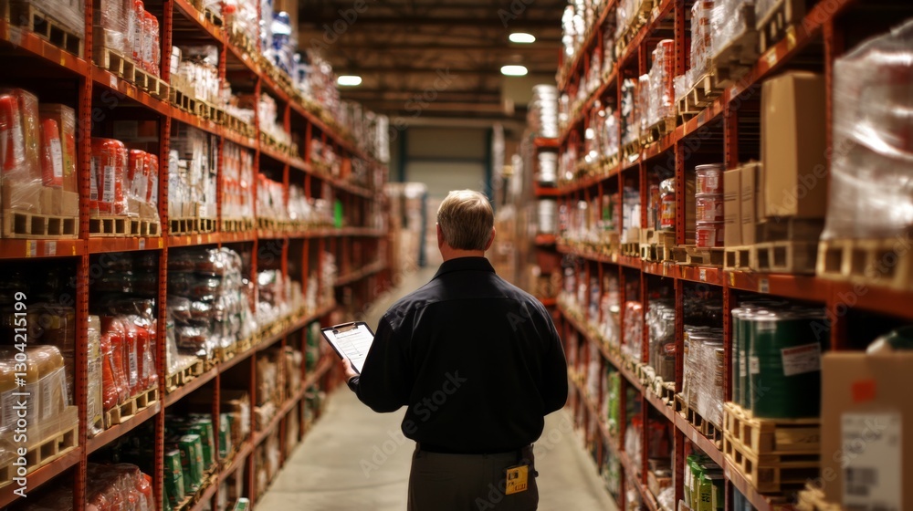 Fototapeta premium Male adult in warehouse aisle holding tablet for inventory check
